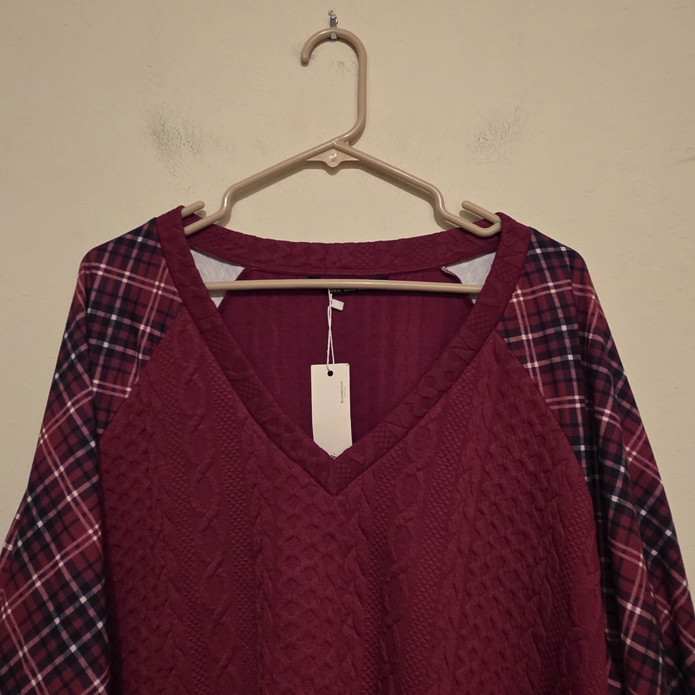 Nwt Bloomchic Burgundy Patchwork Sweater With Pla… - image 5